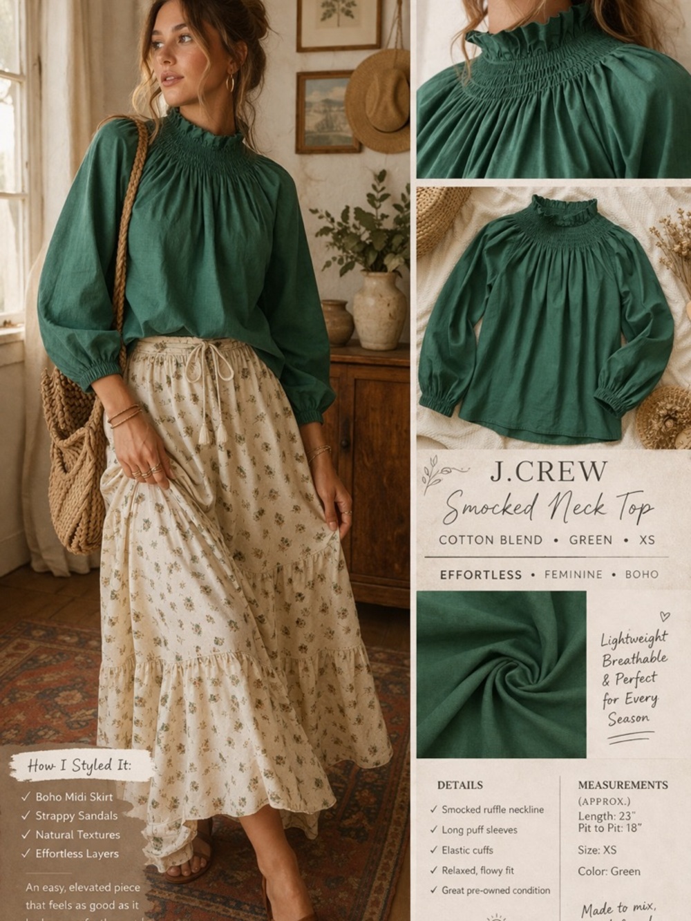 J.Crew Boho Smocked Neck Blouse Green Ruffle Puff Sleeve Cottagecore XS